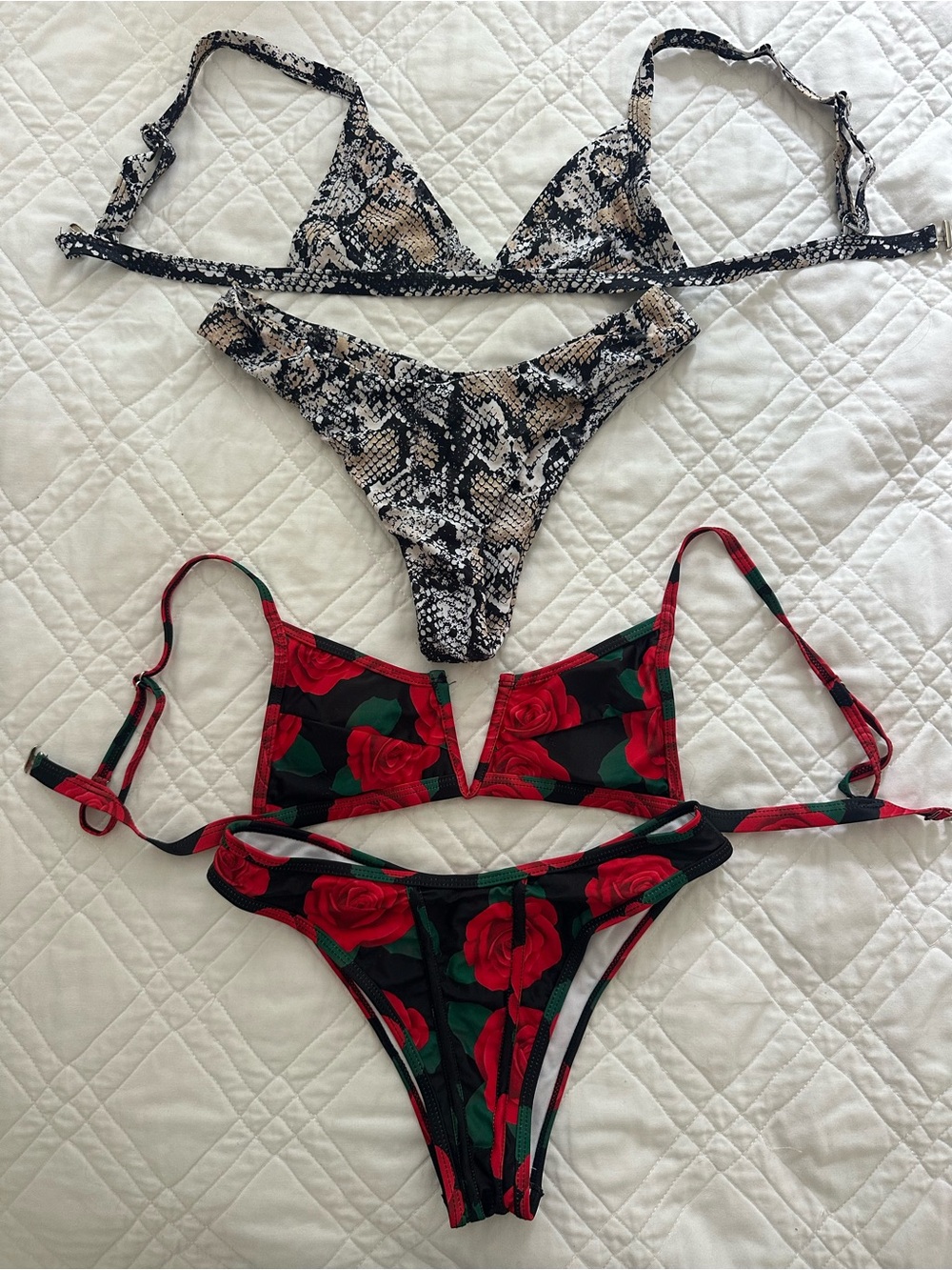 SHEIN Snake Print & Red Rose Print Bikini Sets - sold together